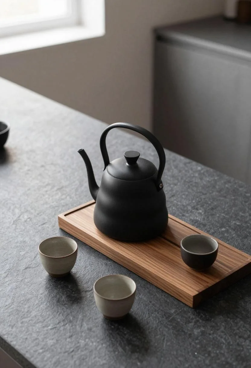 Acacia wood tray with black kettle and paired ceramic coffee cups on a dark slate kitchen counter