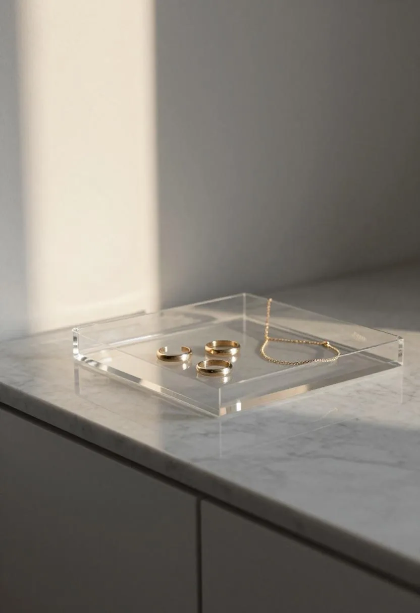 Clear acrylic jewelry organizer tray on a marble dresser surface holding rings and a delicate necklace