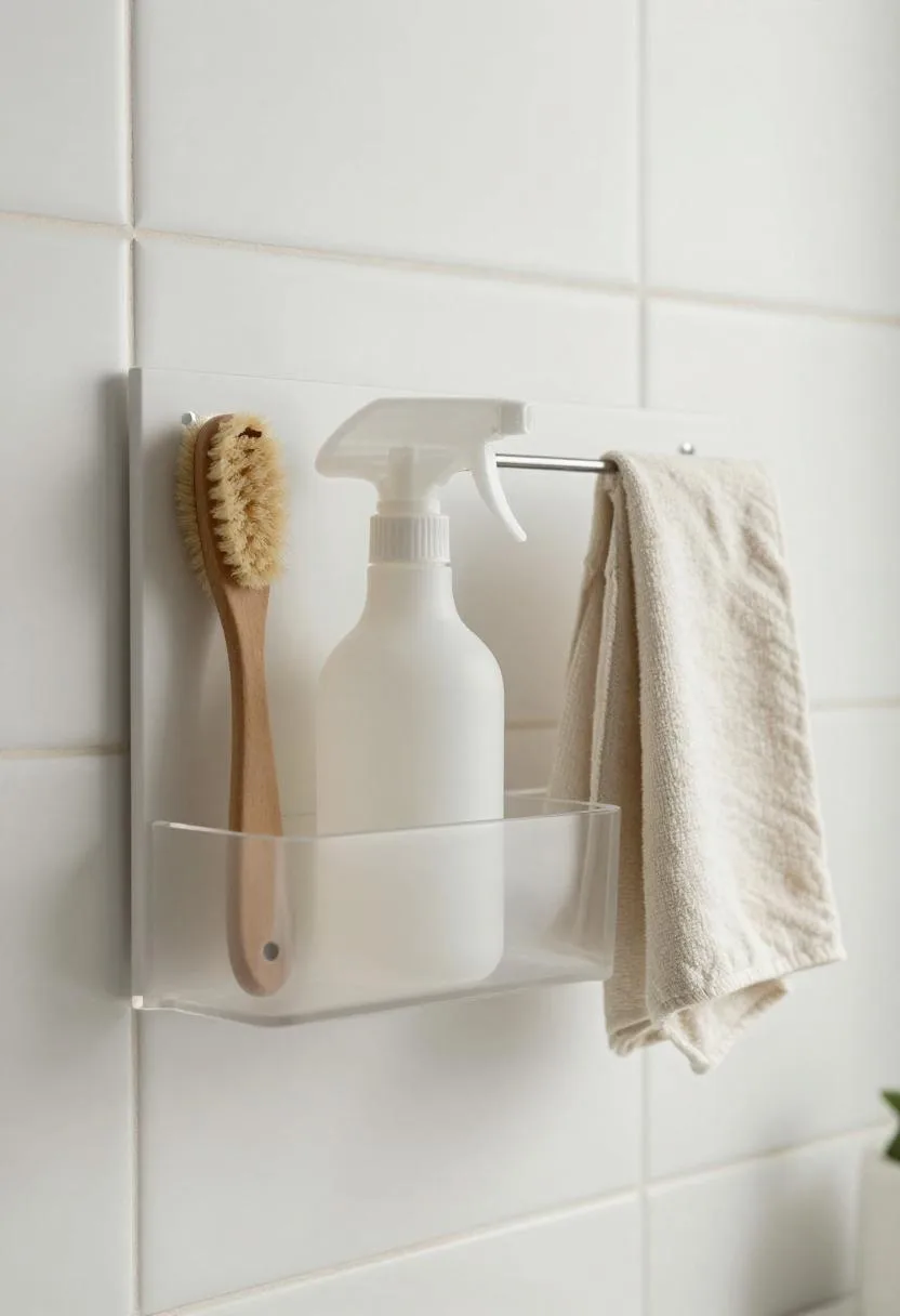 Acrylic wall organizer holding laundry essentials on a white tile laundry room wall