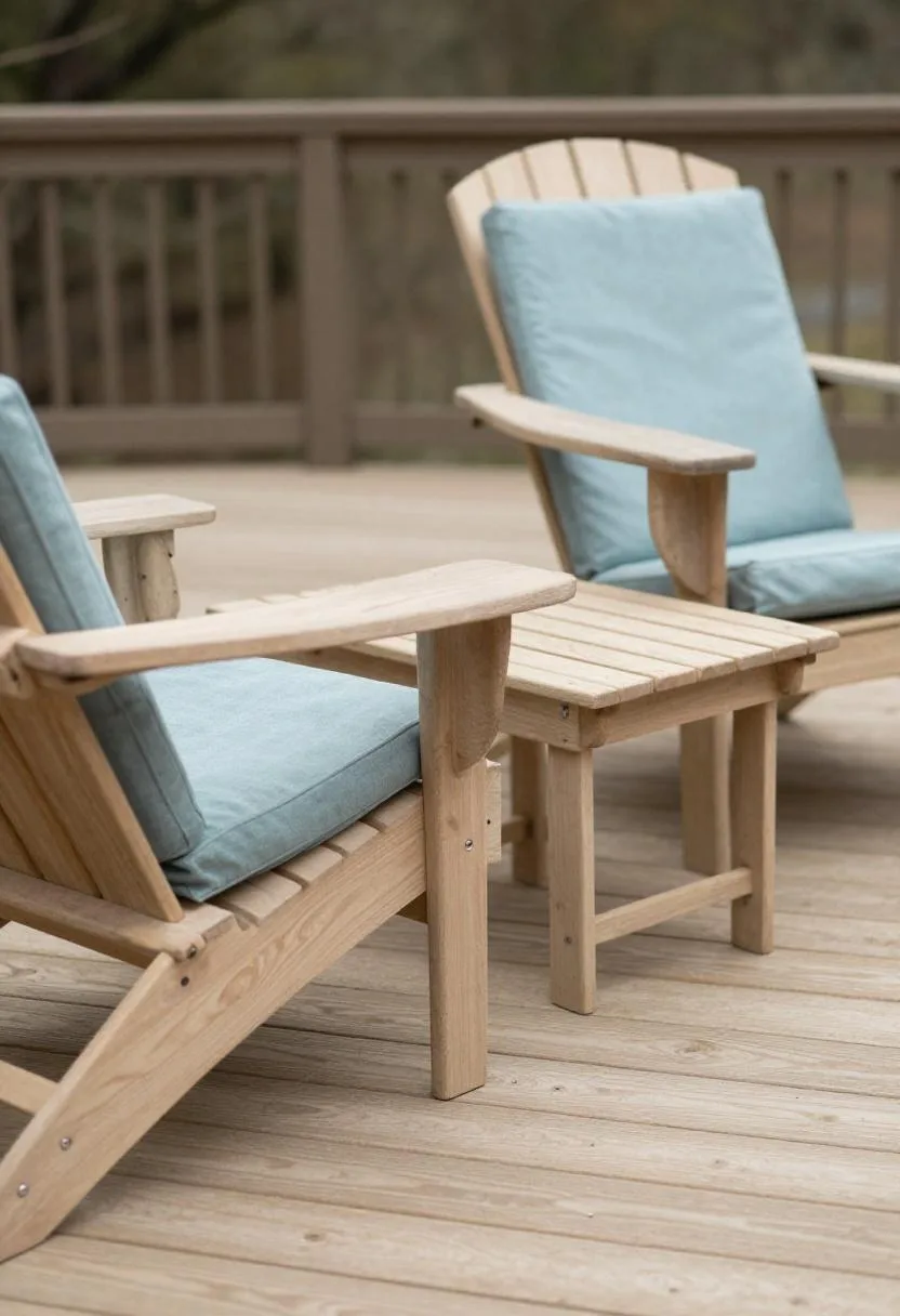 Pair of Adirondack chairs with coastal blue cushions flanking a cedar drinks tray on a shaded deck