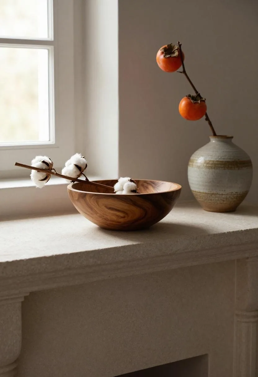 Afrohemian spring mantel with hand-carved acacia wood bowl and persimmon orange ceramic vase on natural stone