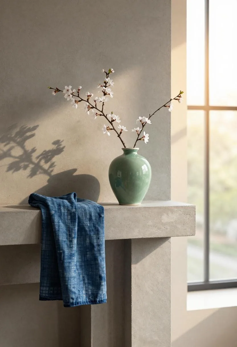 Afrohemian spring mantel with tall cherry blossom branches in sage green vase against layered indigo mudcloth textile