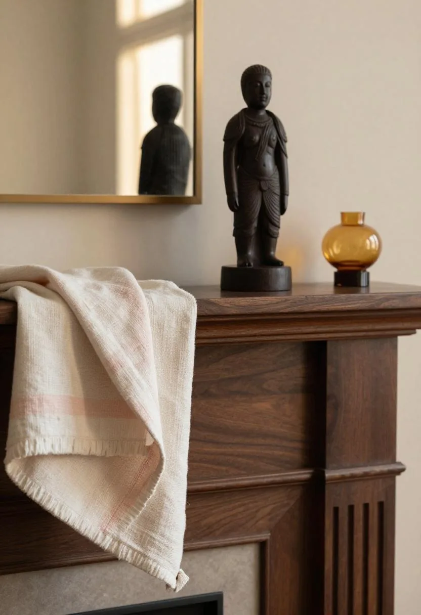Afrohemian spring mantel with layered mudcloth textile, hand-carved ebony wood figurine, and warm amber glass vase