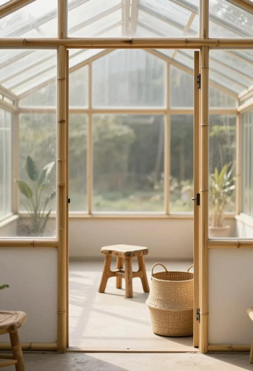 Afrohemian bamboo greenhouse entrance with jute basket and carved acacia stool in golden light