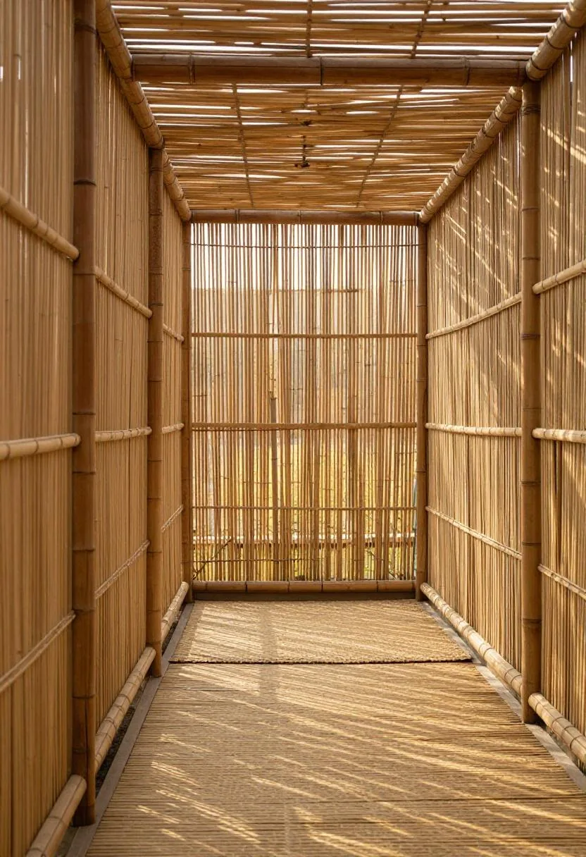 Afrohemian bamboo greenhouse with carved teak risers and seagrass mat in warm golden light
