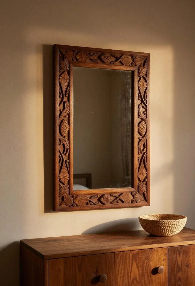 Afrohemian bedroom with a carved mango wood mirror and a handwoven raffia bowl accent piece