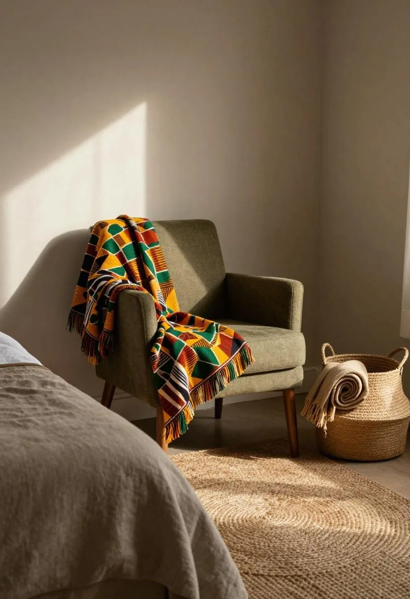 Afrohemian bedroom corner with a colorful kente cotton throw and a sisal woven basket accent