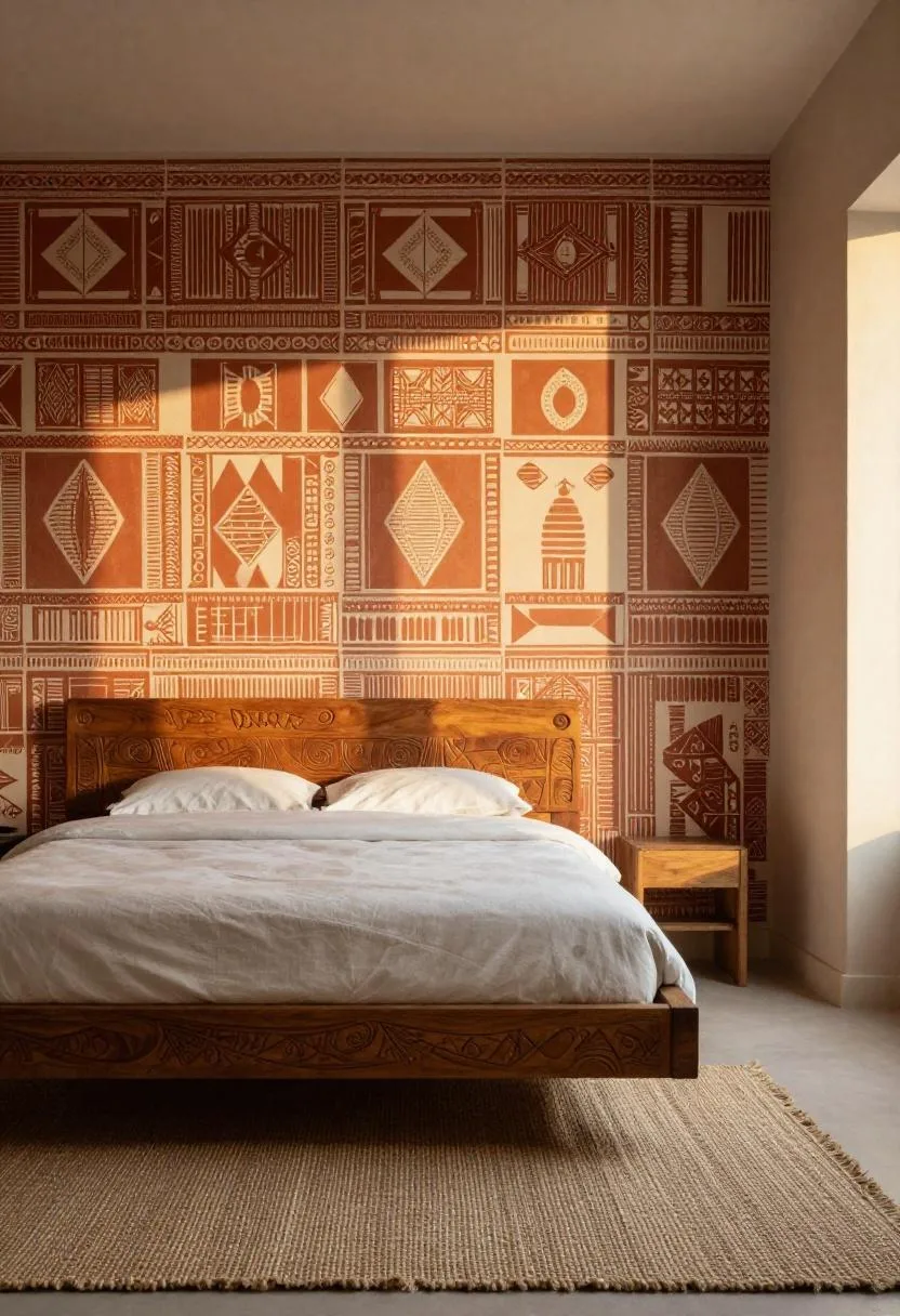 Afrohemian bedroom with DIY kente-inspired stenciled terracotta accent wall and carved wooden bed frame