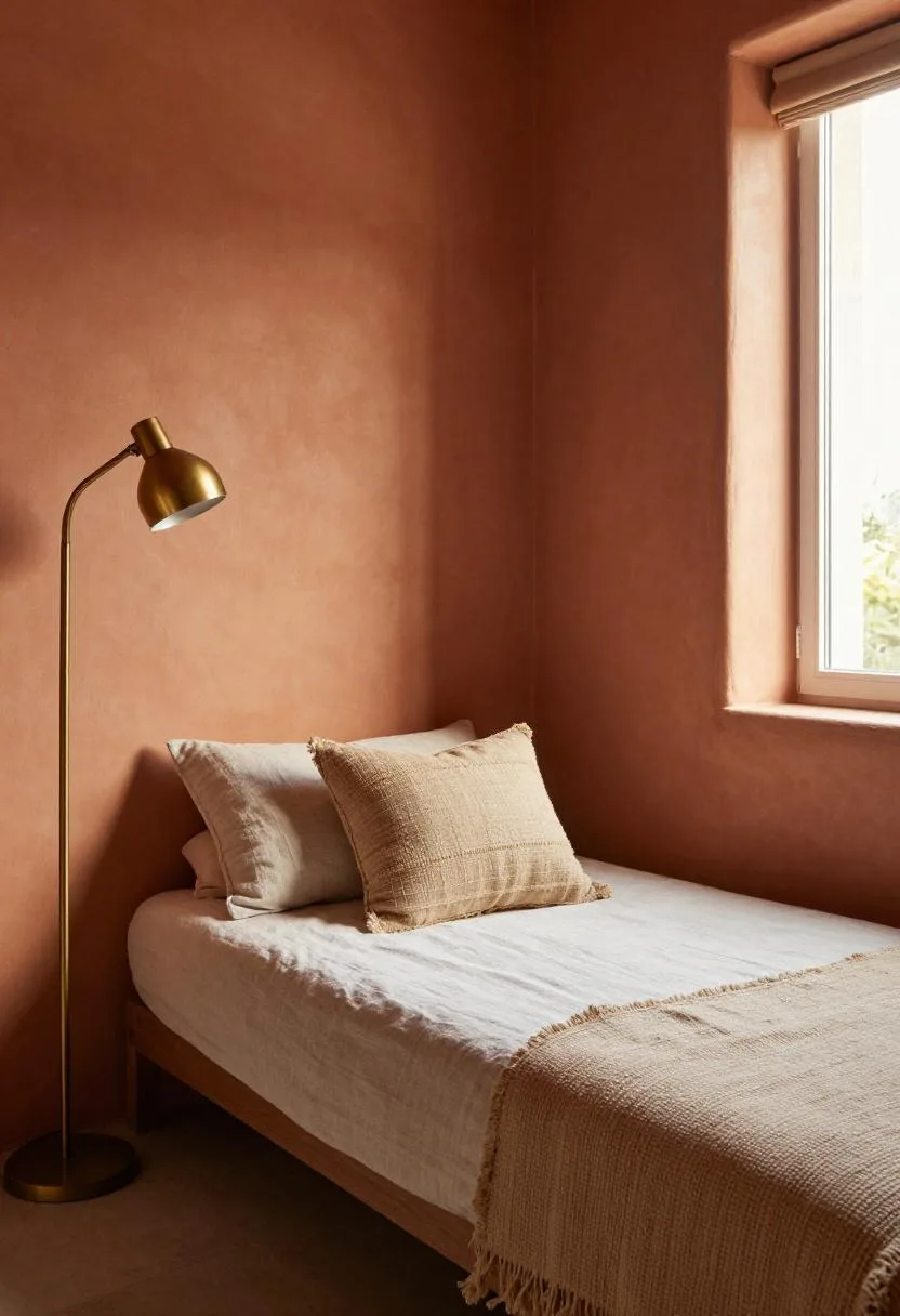 Interior design - afrohemian bedroom limewash terracotta accent wall brass
