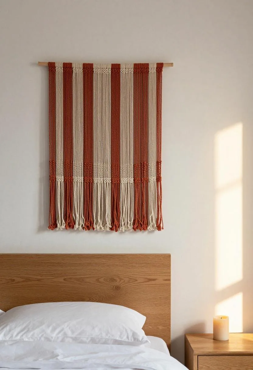 Afrohemian bedroom with DIY hand-knotted macrame accent wall panel in terracotta cotton cord above an oak headboard