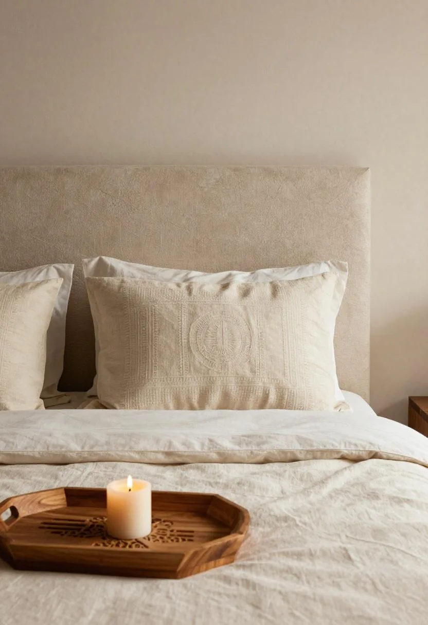 Afrohemian bedroom with a mudcloth pillow and carved acacia wood tray resting on a cream duvet
