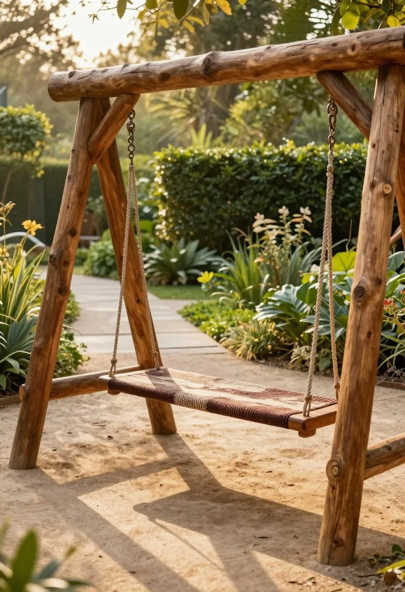 Afrohemian cedar A-frame swing with mudcloth rope seat beside a garden path