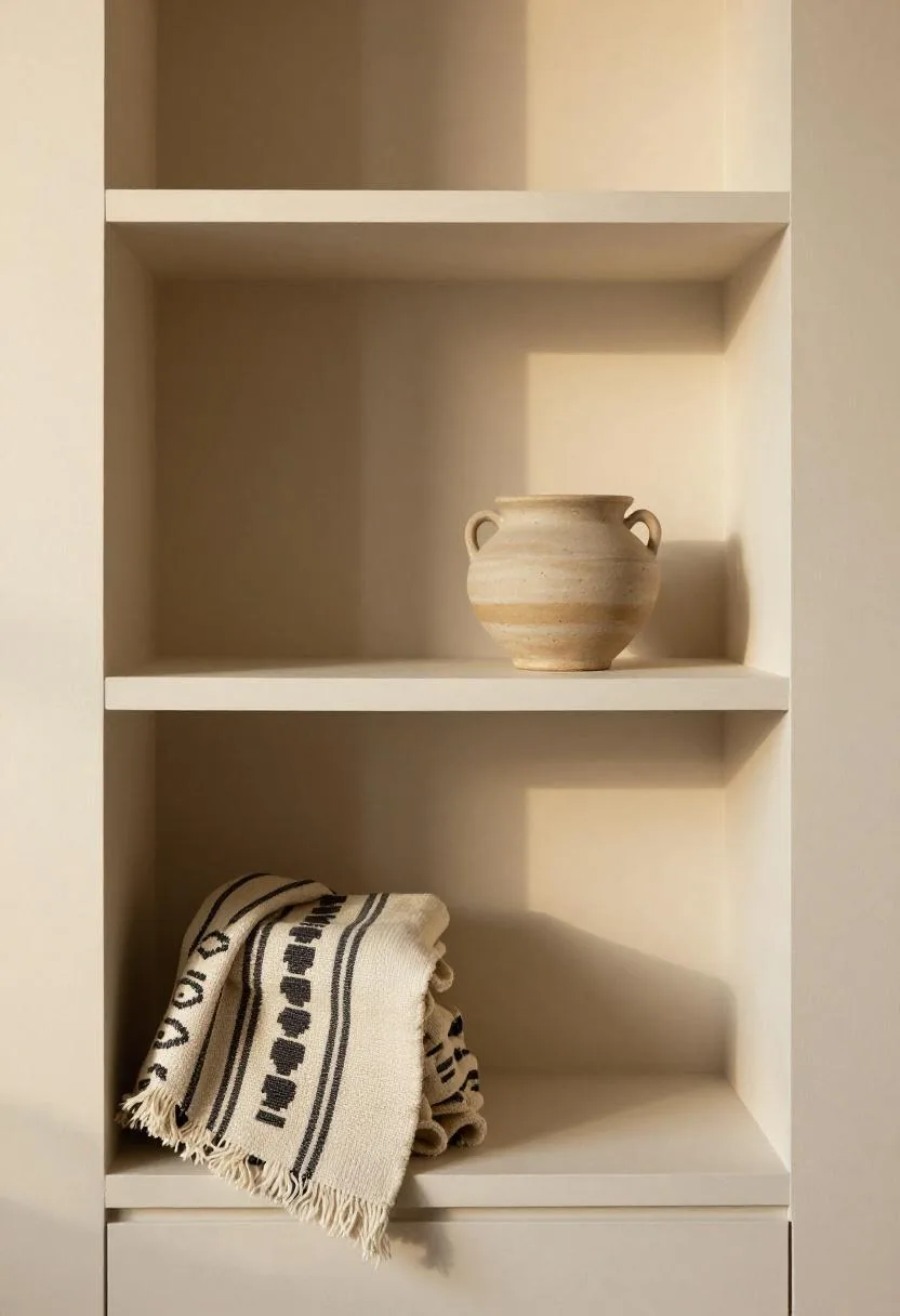 Afrohemian cream built-in birch bookshelf with kente textile and clay pot styling