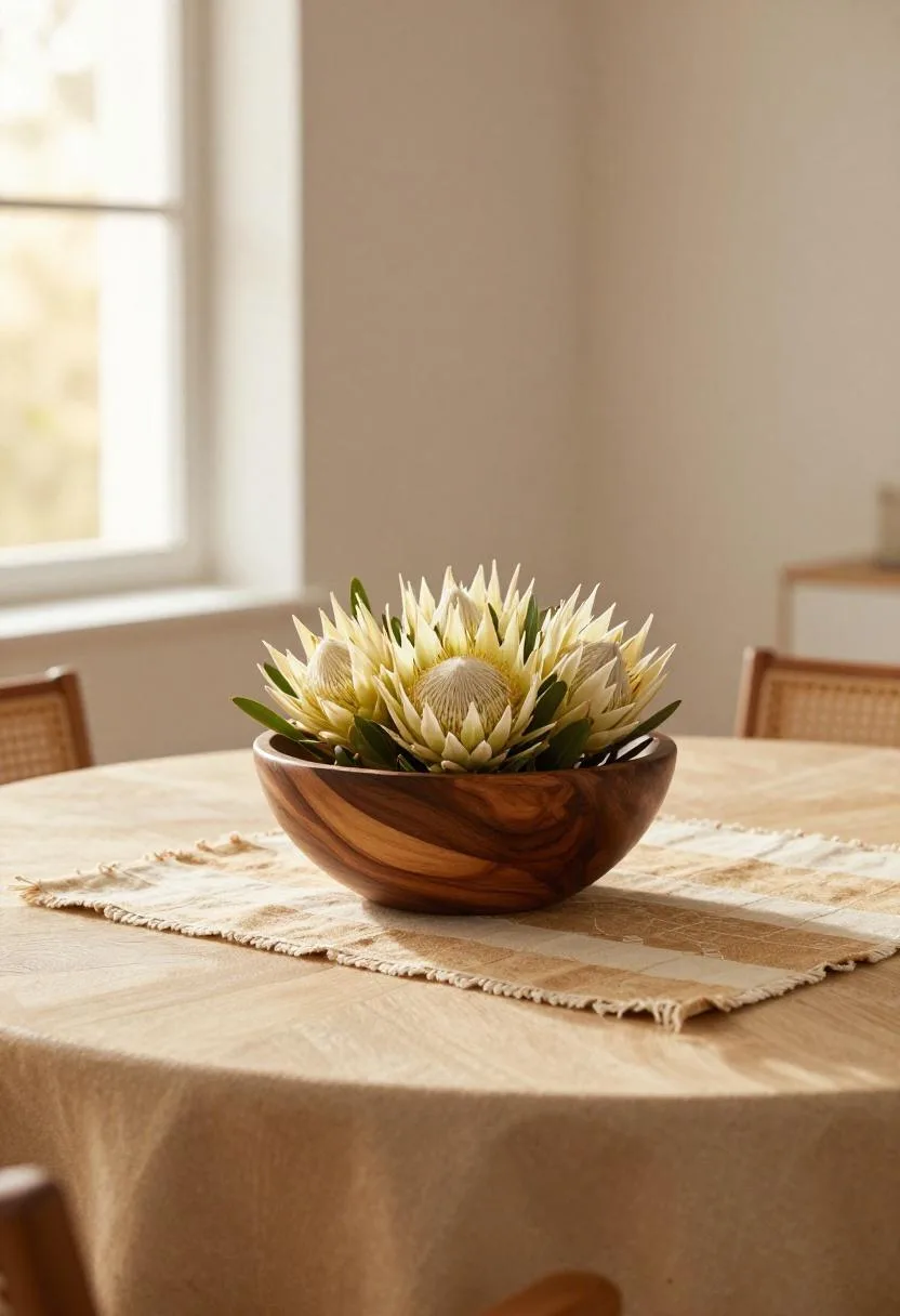 Afrohemian dining table with cream protea blooms arranged in a carved ebony wooden bowl over a mudcloth runner