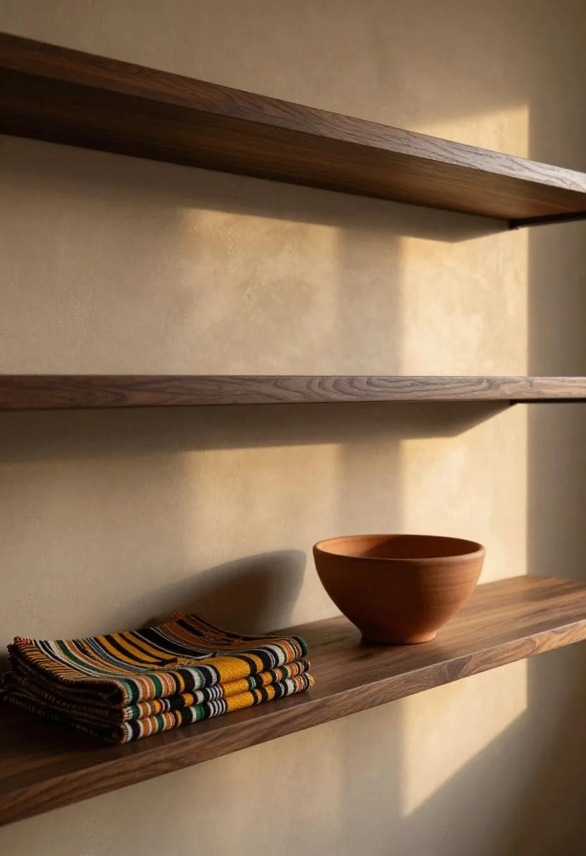 Afrohemian dining room walnut floating shelf styled with kente textile and terracotta bowl