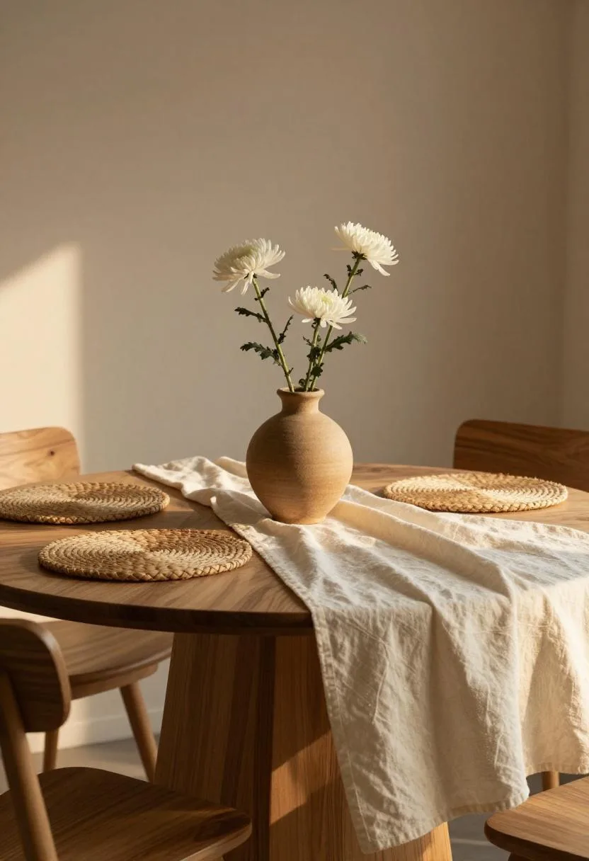 Afrohemian Easter place setting with cream mudcloth, ochre vase of chrysanthemums, and a woven seagrass placemat