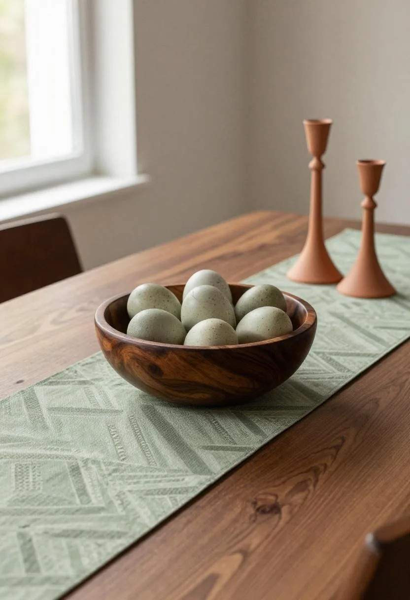 Afrohemian Easter tablescape with kente-print table runner, carved ebony bowl, and speckled eggs
