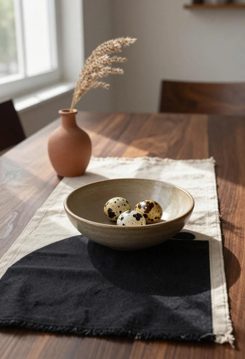 Afrohemian Easter table with mudcloth runner, ochre ceramic bowl, and dried pampas grass accent