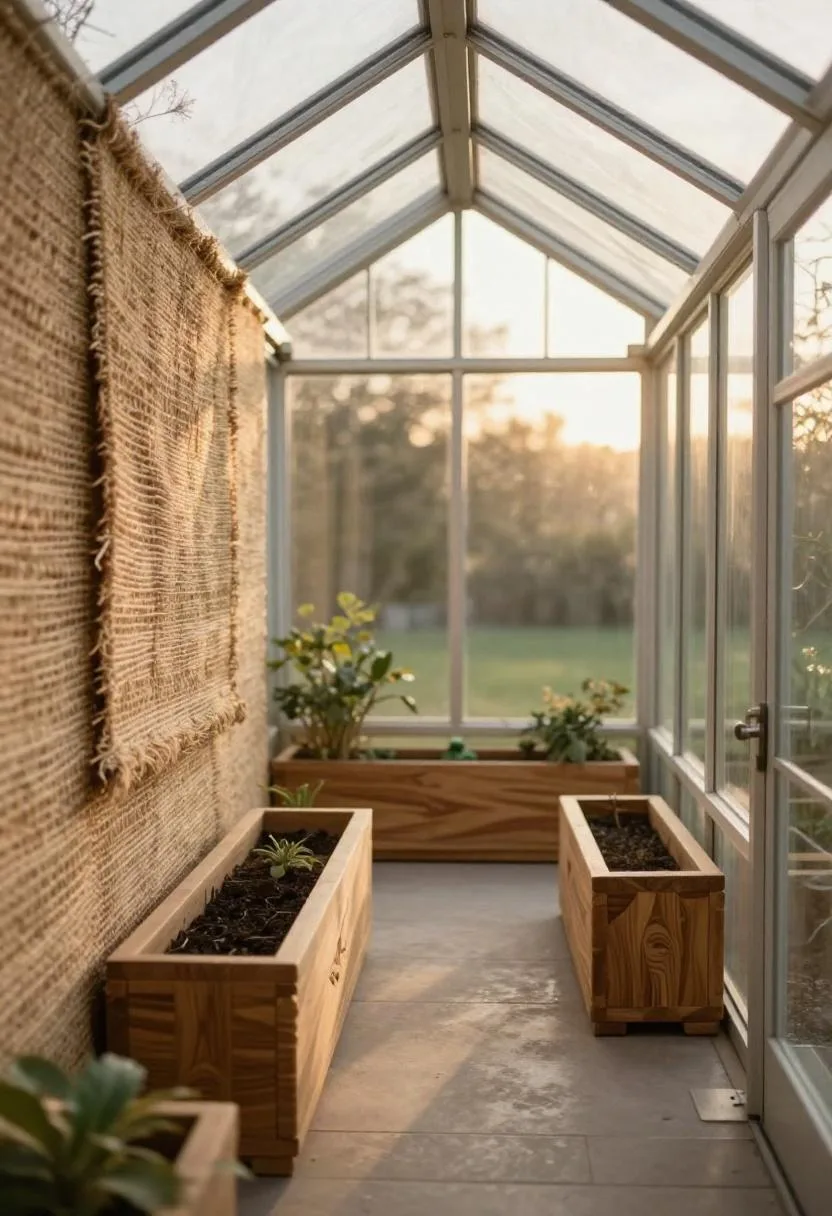 Afrohemian greenhouse interior with raffia wall panel and carved mango wood planter in warm backlight