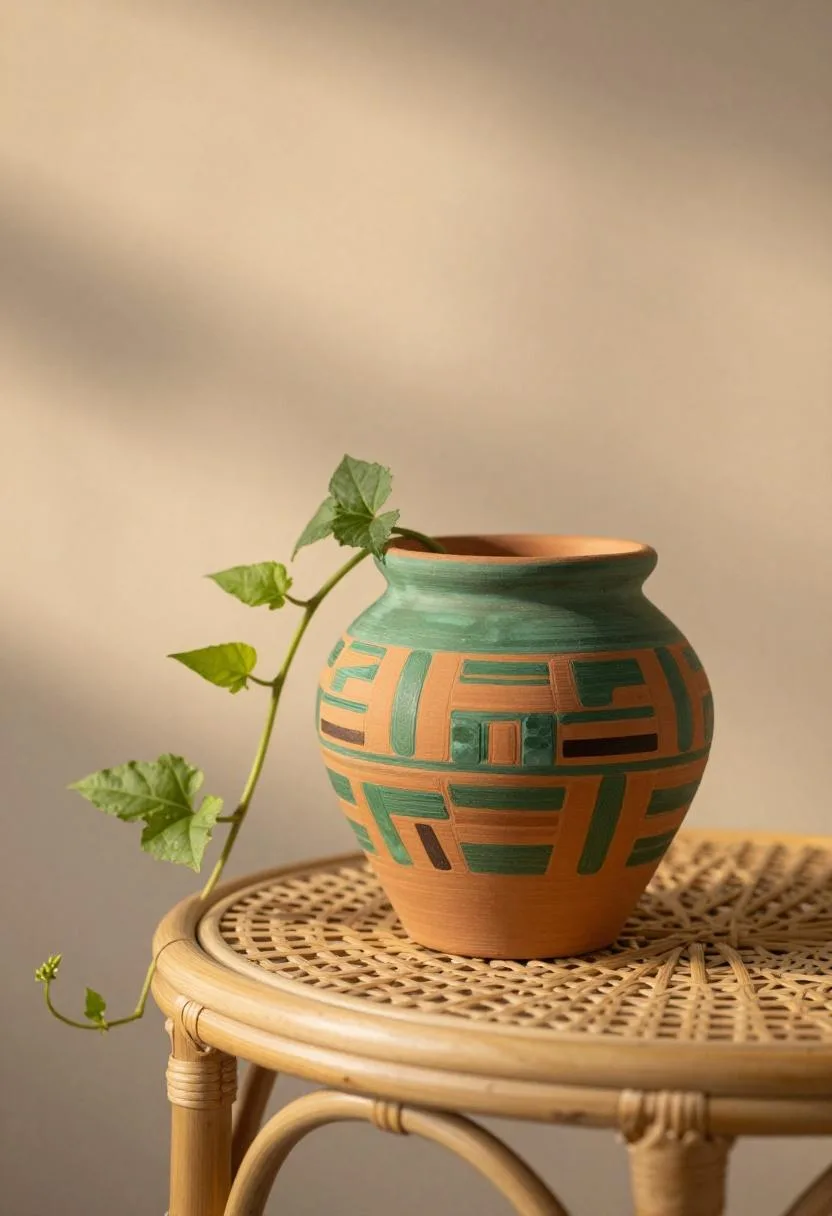 Afrohemian hand-painted kente-motif clay planter in sea glass green with trailing sweet potato vine on a rattan table