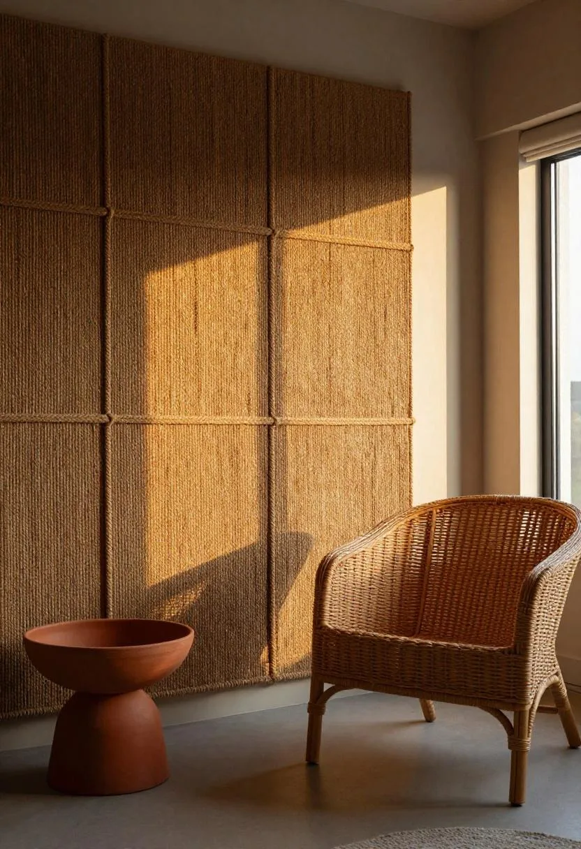 Afrohemian living room with DIY jute rope-textured accent wall panel in rich brown with rattan furniture