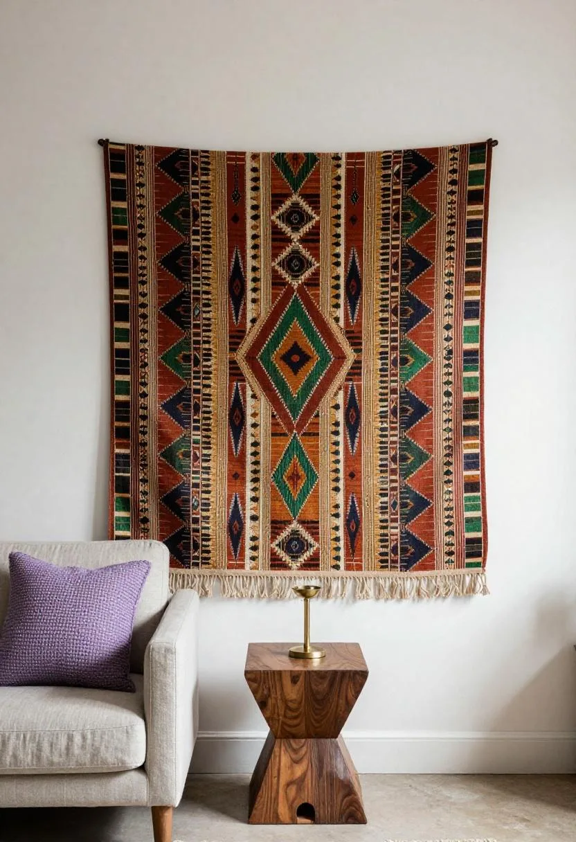 Afrohemian living room with kente textile wall panel, carved walnut table, and lavender woven cushion