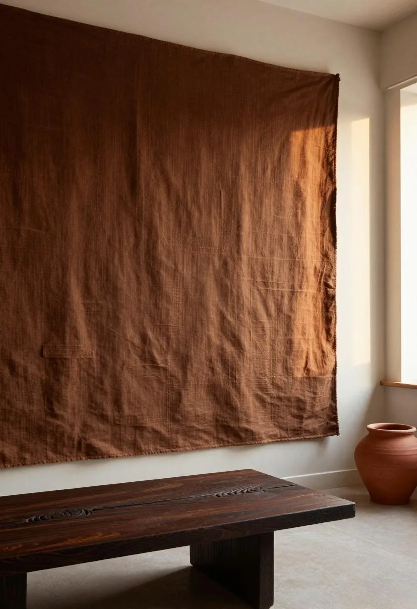 Afrohemian living room with DIY mudcloth textile panel accent wall and carved mango wood furniture