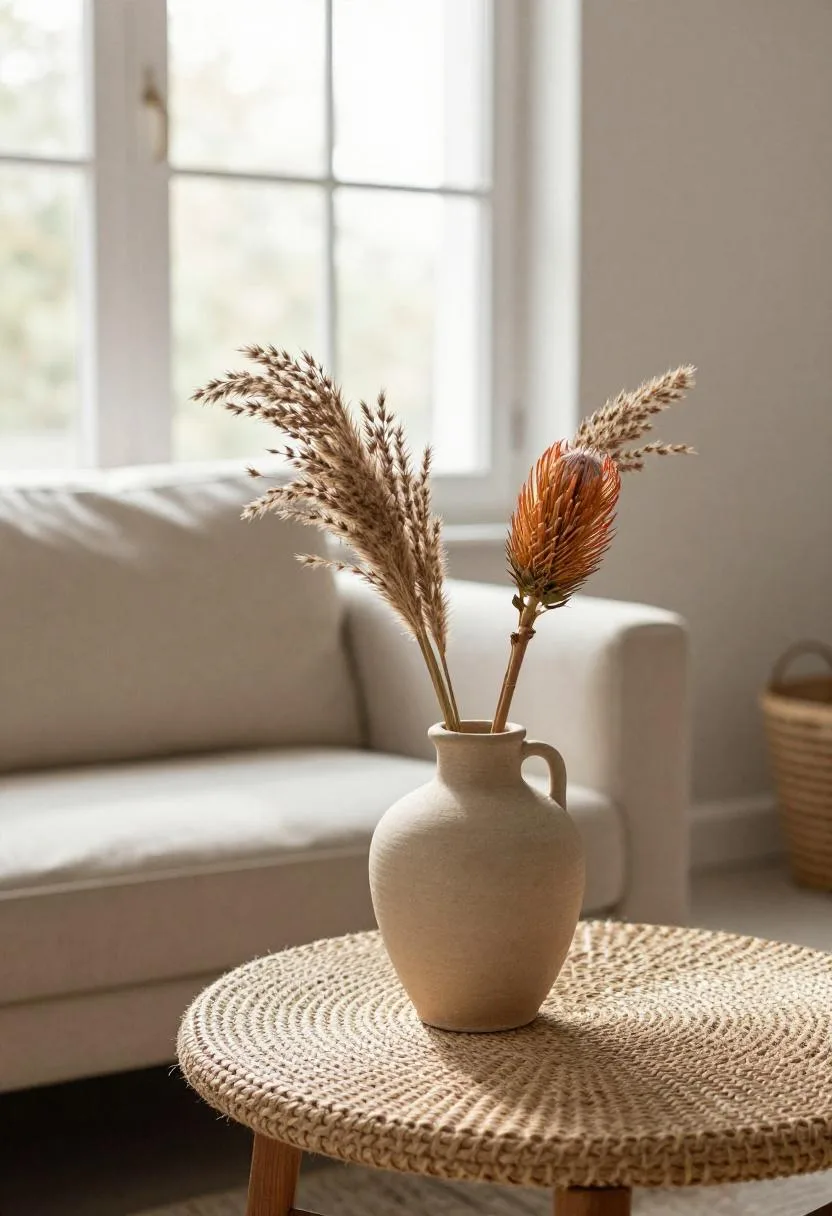 Afrohemian living room corner with dried pampas grass and protea in an apricot earthenware vessel