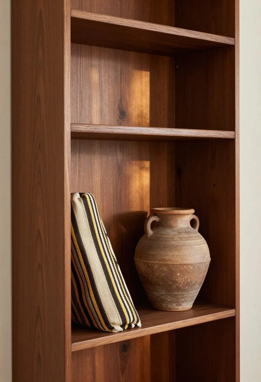 Afrohemian mahogany built-in bookshelf with kente cushion and clay pot for rich warmth