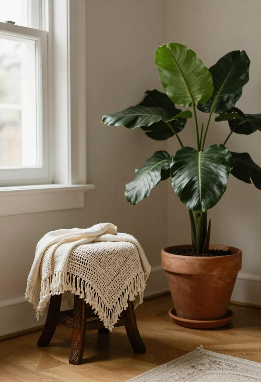 Thrifted carved mahogany stool with cream macrame cloth beside a terracotta floor planter in an Afrohemian corner