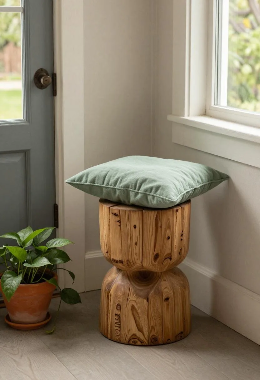 Afrohemian porch corner with carved acacia stool, mudcloth cushion, and trailing pothos