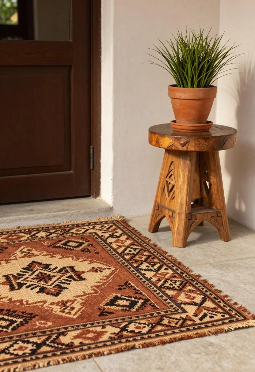 Afrohemian porch with carved mango wood table, mudcloth runner, and ornamental grass