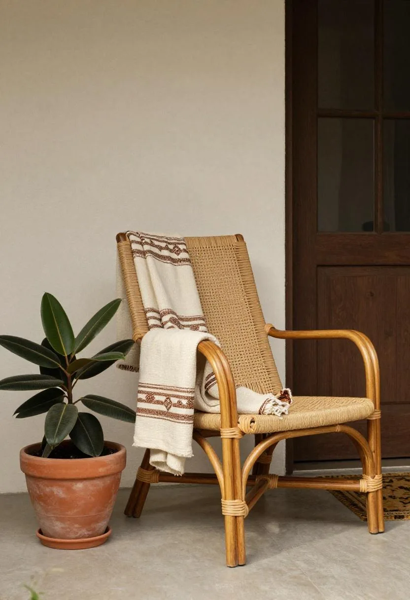 Afrohemian porch nook with a rattan chair, kente throw, and rubber tree plant