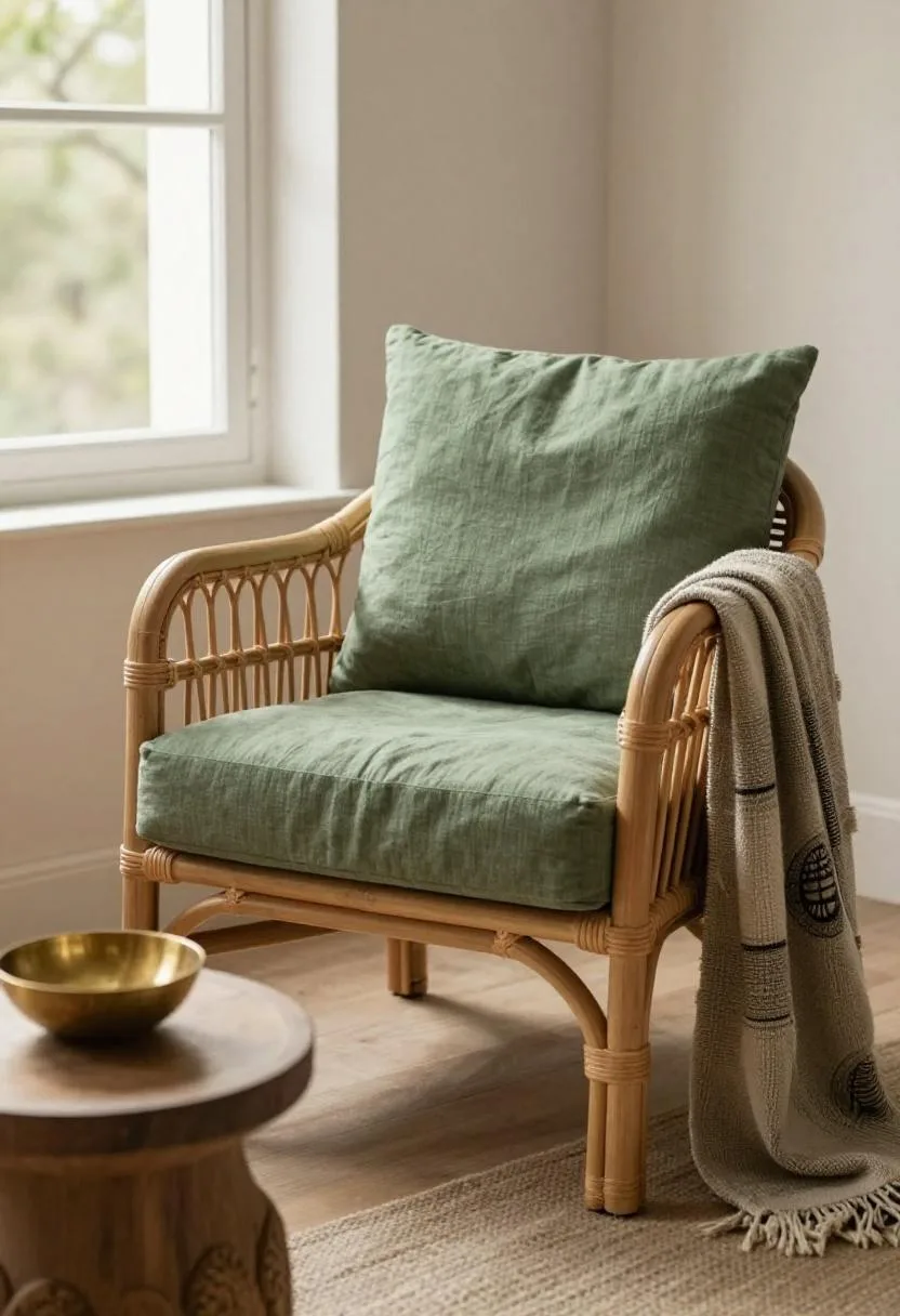 Afrohemian rattan armchair with sage linen cushion, mudcloth throw, and carved ebony side table