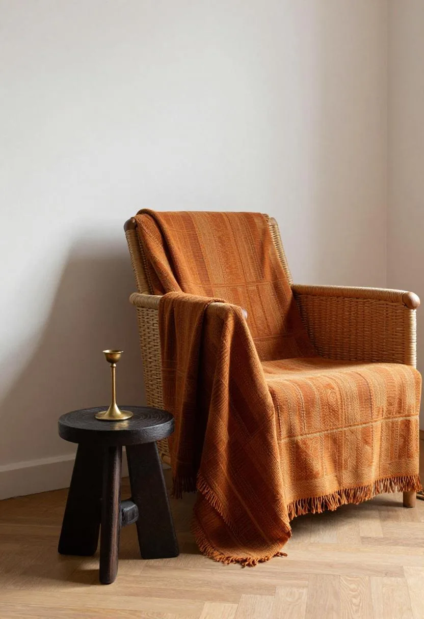 Thrifted rattan armchair with a kente-inspired burnt orange textile beside a carved ebony stool in an Afrohemian living room