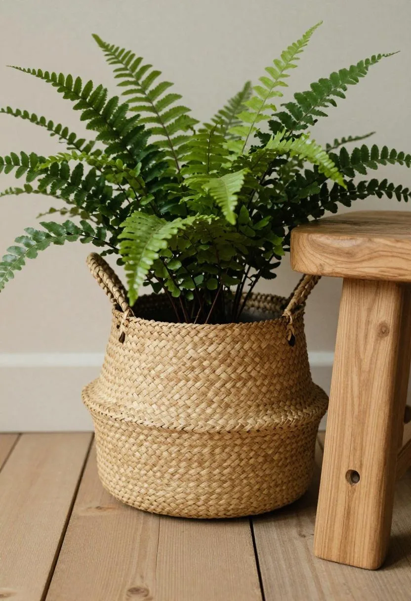 Afrohemian sandy beige seagrass basket planter with a maidenhair fern beside a carved mahogany garden stool