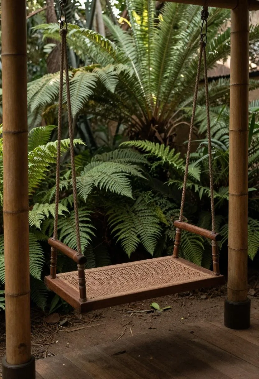 Afrohemian carved teak swing with woven rattan seat between bamboo posts in a garden