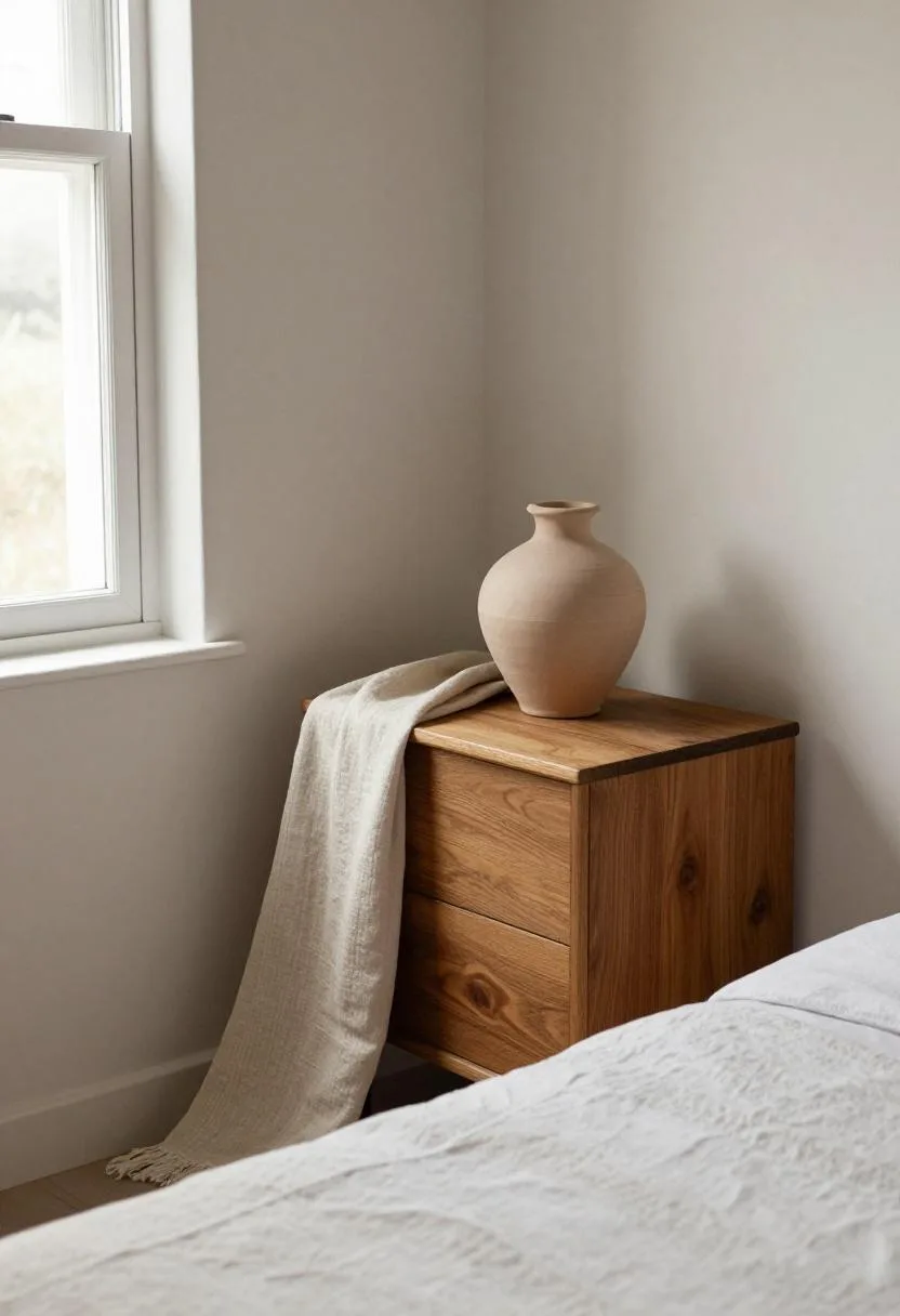Interior design - afrohemian terracotta nightstand mudcloth clay vase