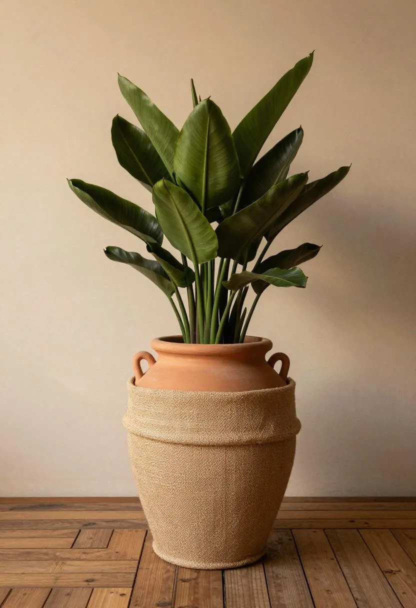 Afrohemian terracotta planter with sandy beige mudcloth sash holding a Bird of Paradise on a teak deck