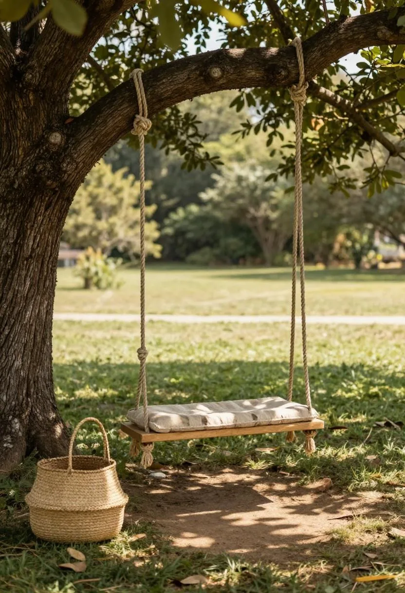 Interior design - afrohemian tire swing mudcloth cushion walnut tree garden