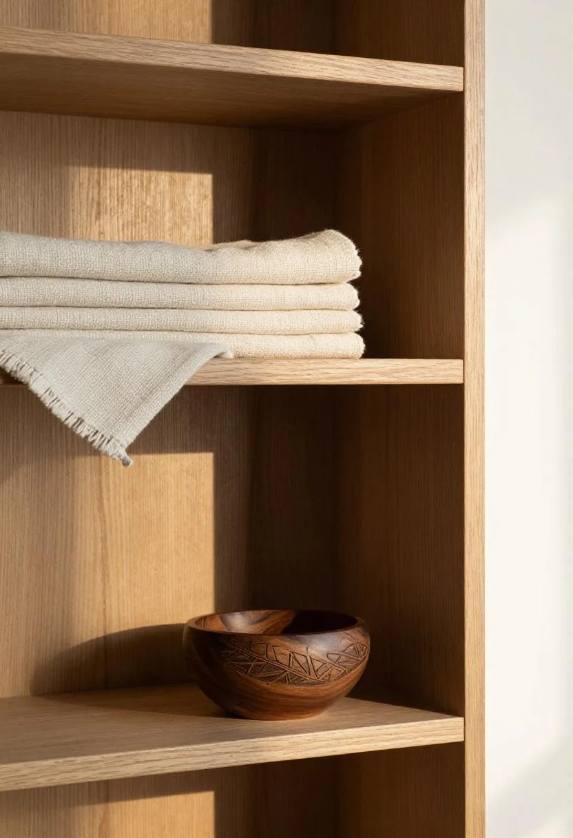 Afrohemian walnut built-in shelf styled with mudcloth textile and carved ebony bowl
