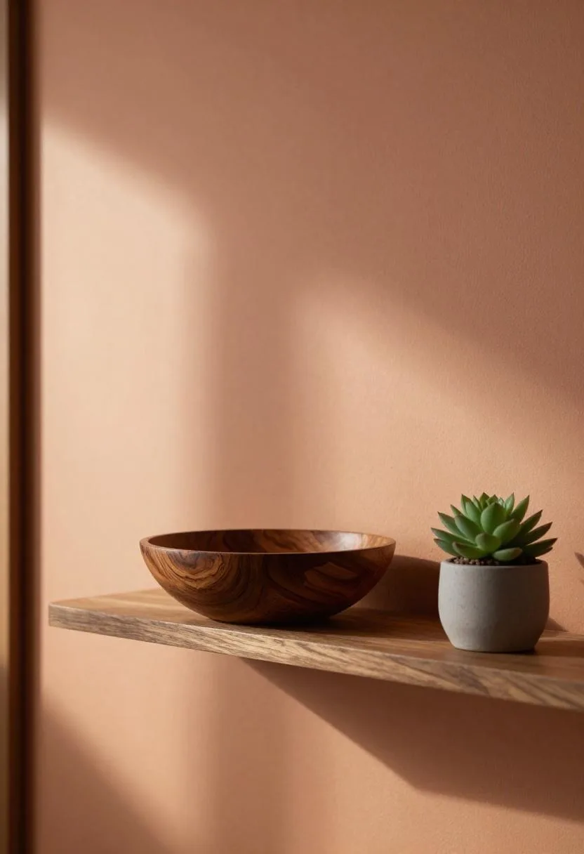 Afrohemian walnut floating shelf with carved mahogany bowl displayed on terracotta wall