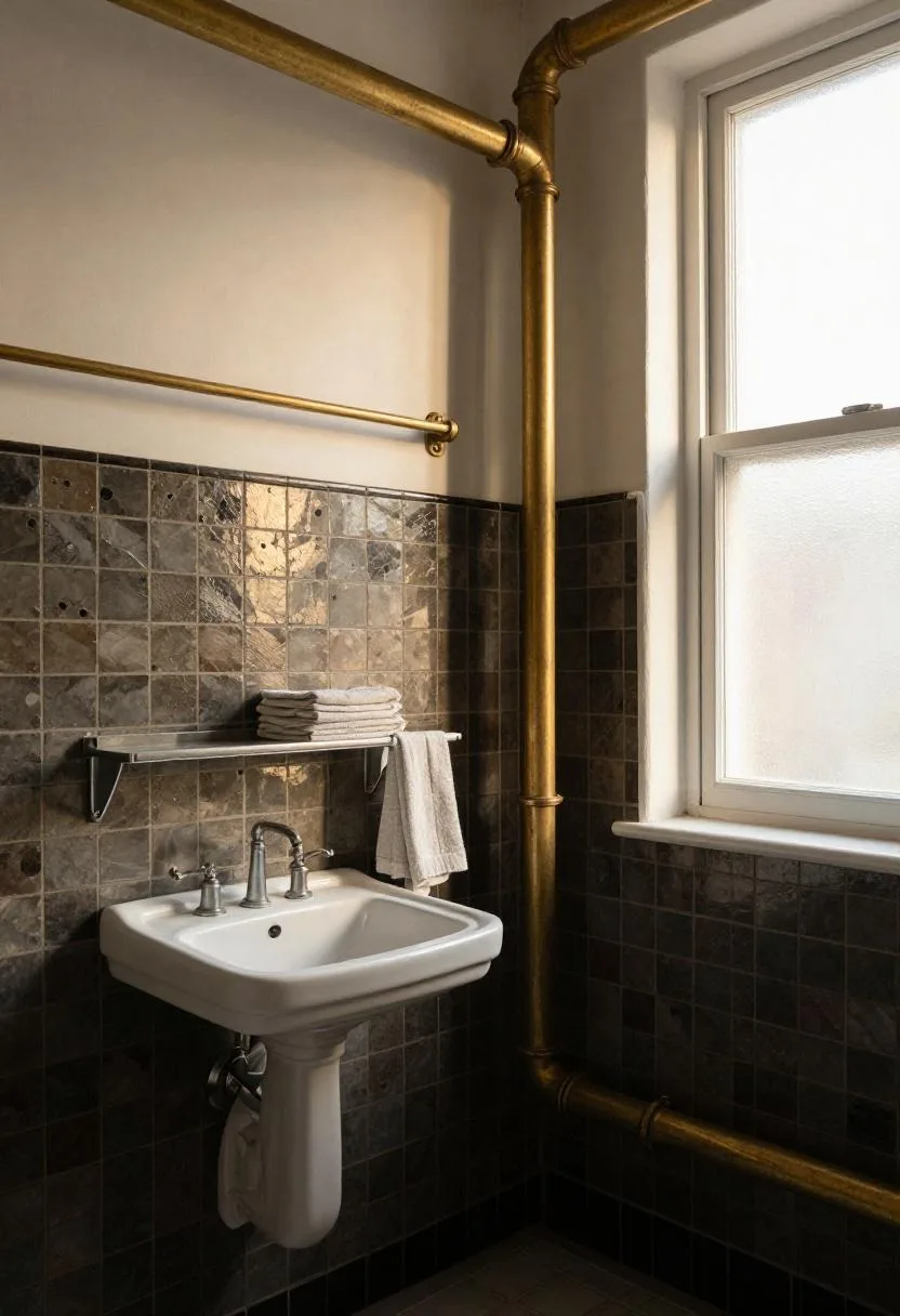 Industrial bathroom corner with aged brass exposed pipes, pedestal sink, and dark penny mosaic tile