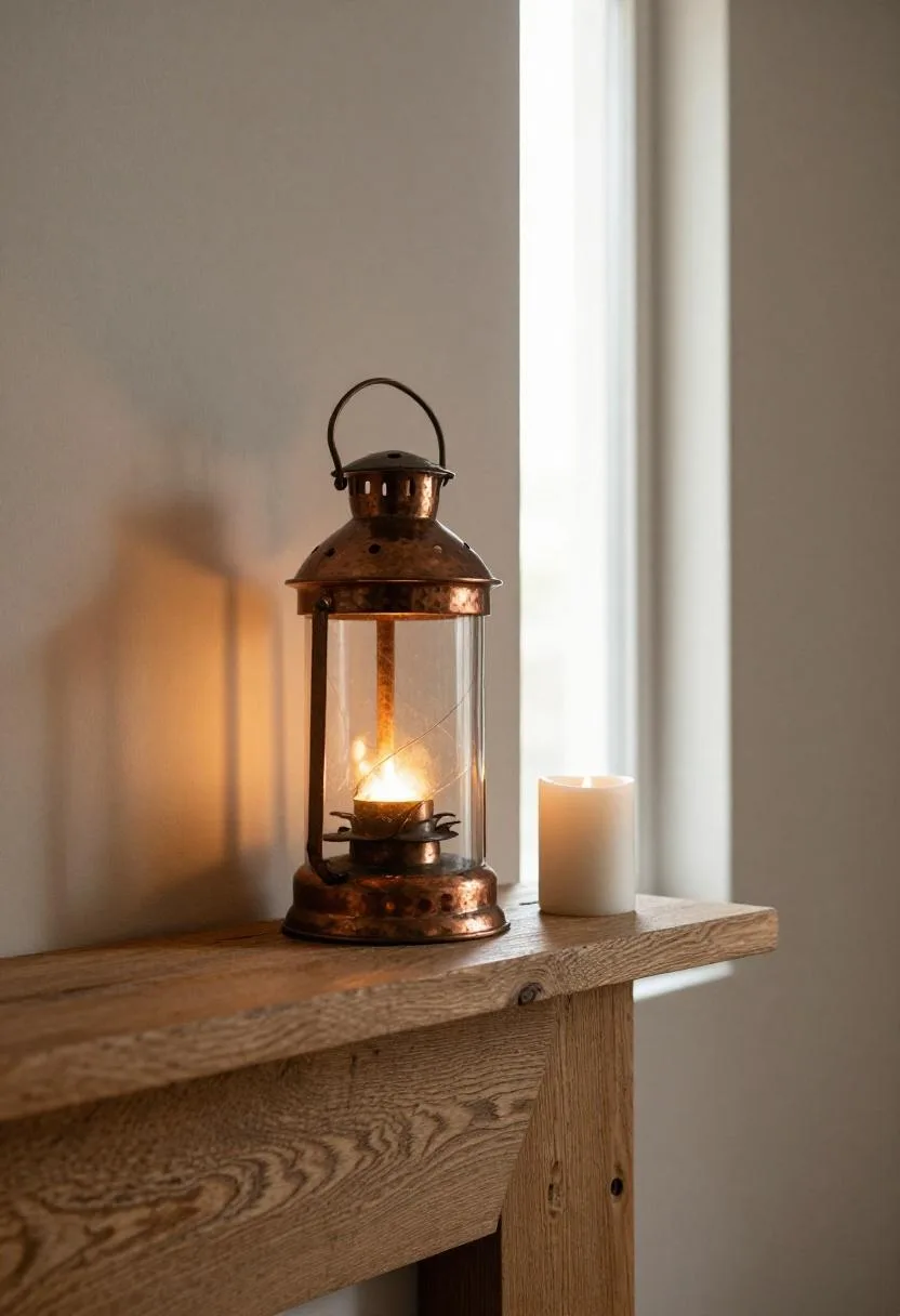 Aged copper lantern on a reclaimed oak mantelpiece bathed in golden hour light