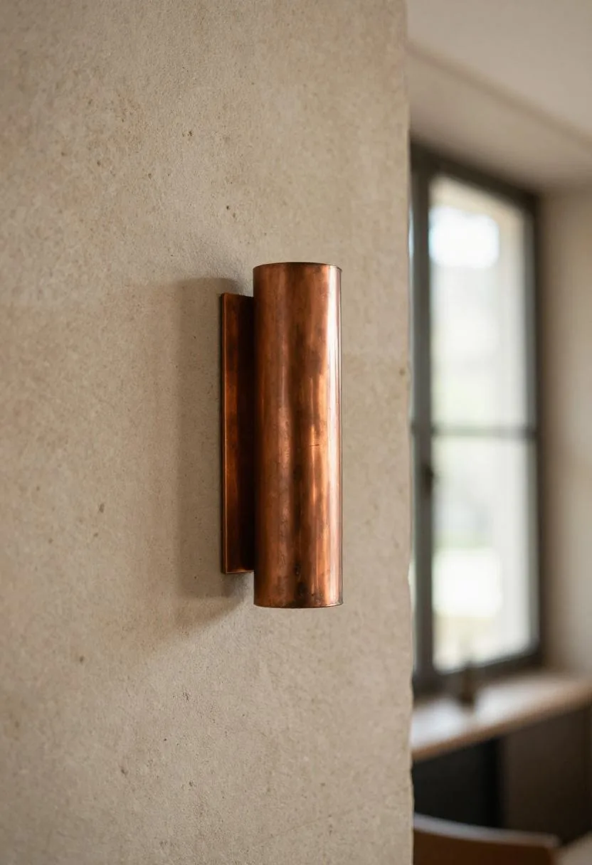 Aged copper wall sconce mounted against a rough limestone fireplace surround