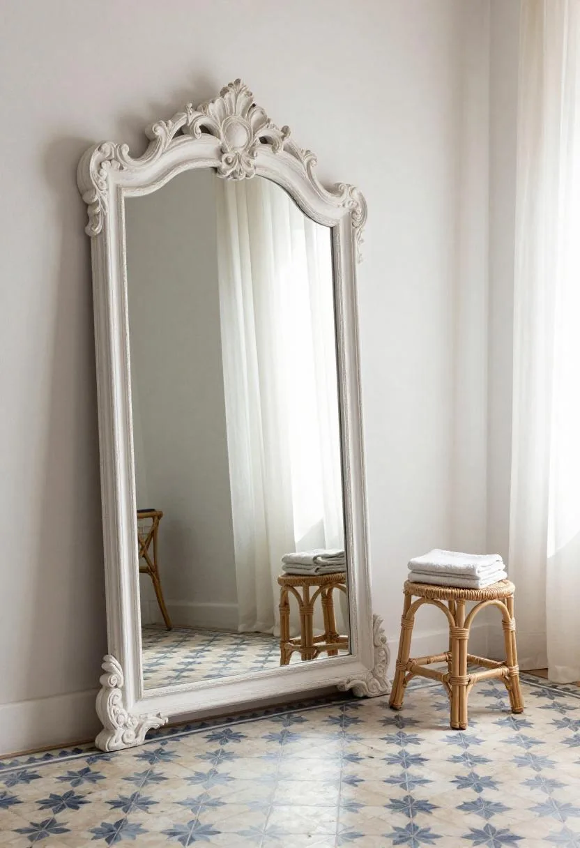 Aged white plaster mirror reflecting patterned encaustic floor tiles and a rattan stool in a bohemian bathroom