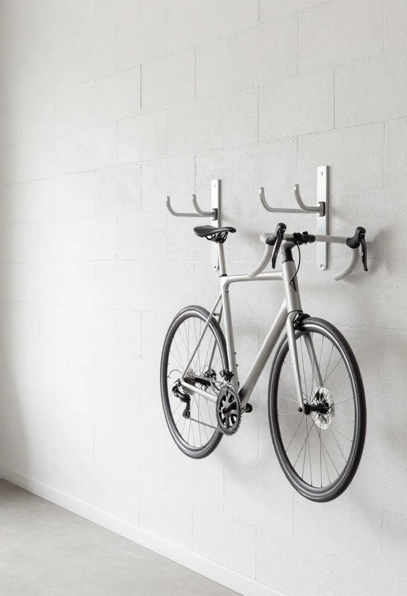 Silver aluminum wall bike hooks keeping bicycles off the floor and garage clear