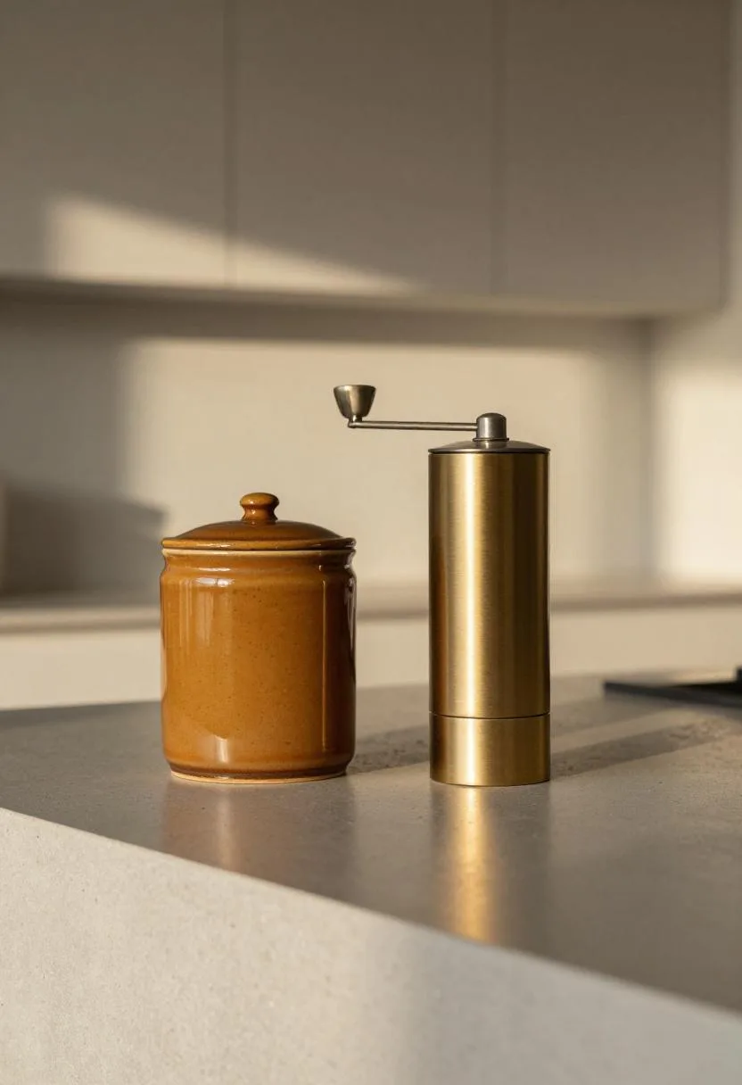 Amber ceramic canister and brass hand grinder styled on a concrete kitchen island