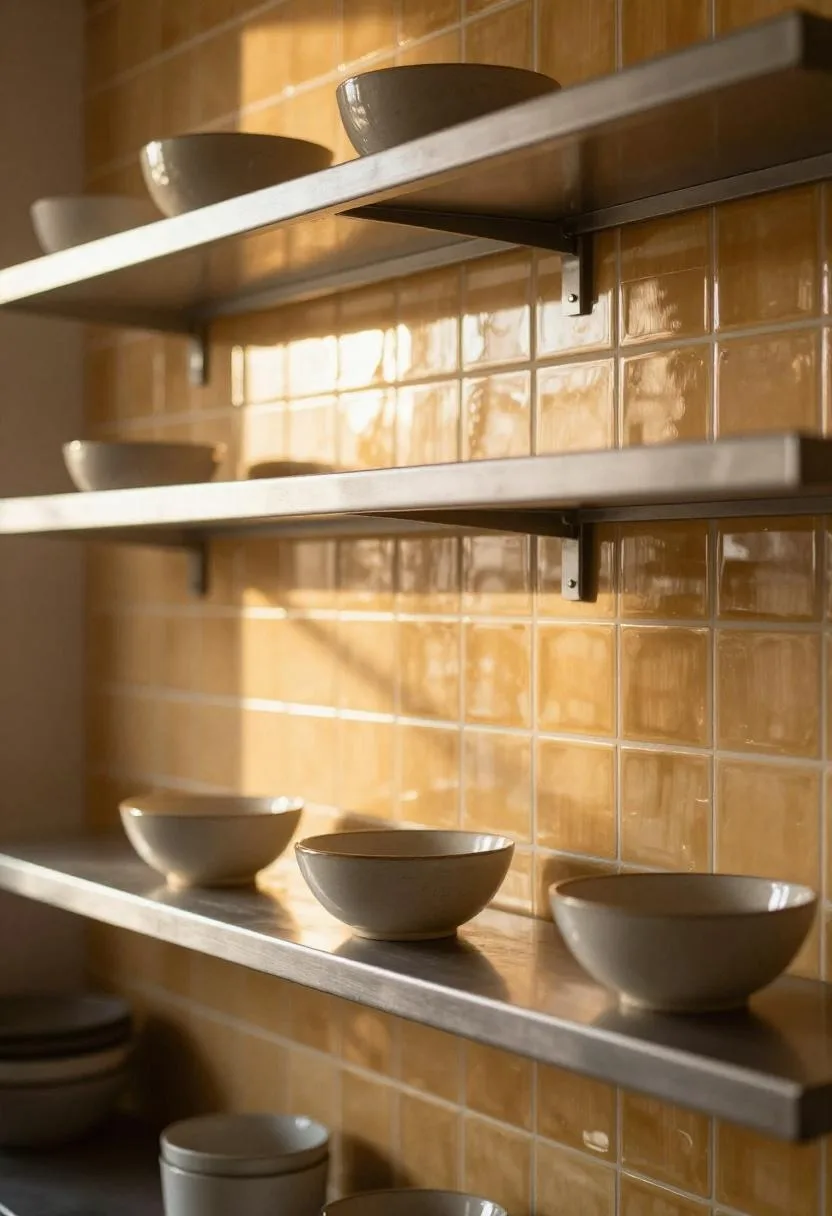 Amber glazed ceramic backsplash behind steel open shelving with ceramic bowls in an industrial kitchen