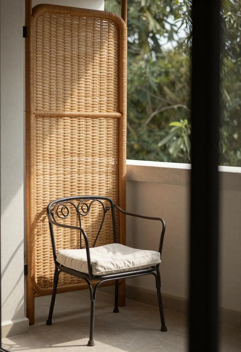 An amber rattan privacy screen transforming a compact balcony corner into a secluded outdoor seat